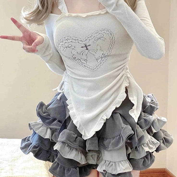 kawaiies-softtoys-plushies-kawaii-plush-Japanese Harajuku Gray White Bunny Ruffled Skirt Top Apparel 