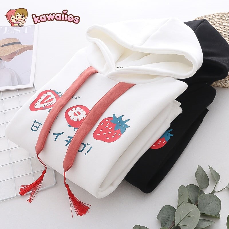 kawaiies-softtoys-plushies-kawaii-plush-Japanese Kanji Strawberry Print White Black Unisex Hoodies | NEW Hoodies 