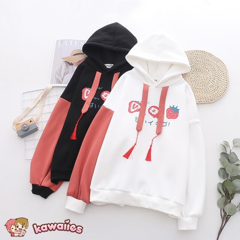 kawaiies-softtoys-plushies-kawaii-plush-Japanese Kanji Strawberry Print White Black Unisex Hoodies | NEW Hoodies 