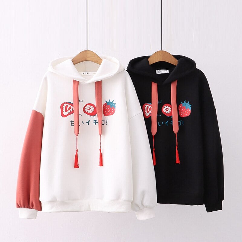 kawaiies-softtoys-plushies-kawaii-plush-Japanese Kanji Strawberry Print White Black Unisex Hoodies | NEW Hoodies 