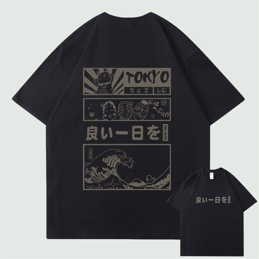 kawaiies-softtoys-plushies-kawaii-plush-Japanese Kanji Wave Masks Lucky Cat Cotton Tee Set 1 | NEW Tops Black S 