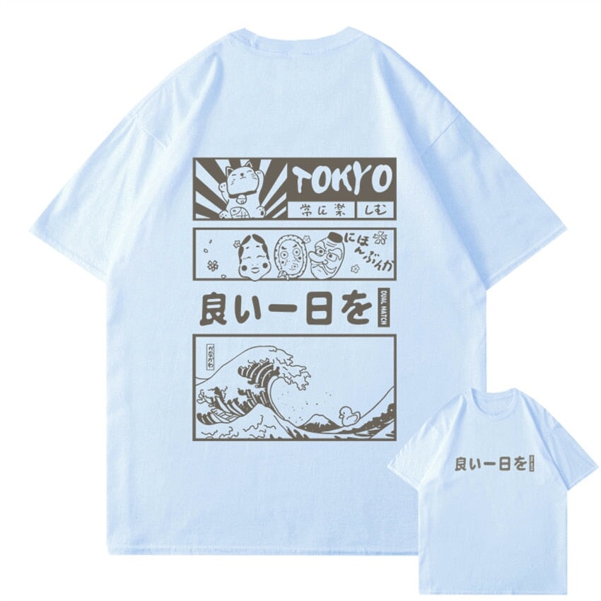 kawaiies-softtoys-plushies-kawaii-plush-Japanese Kanji Wave Masks Lucky Cat Cotton Tee Set 1 | NEW Tops Blue S 