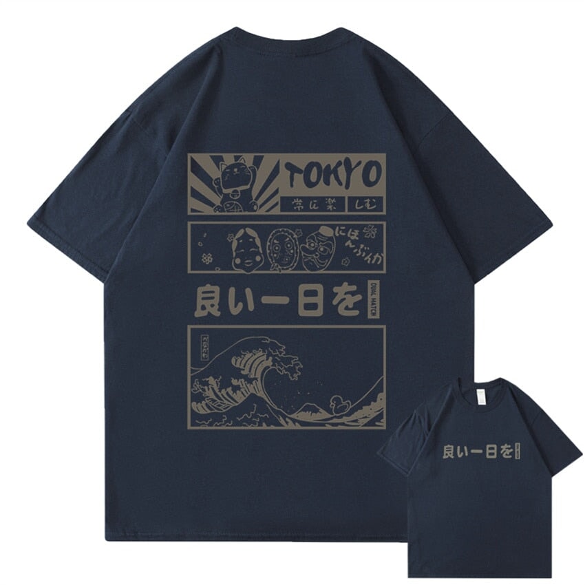 kawaiies-softtoys-plushies-kawaii-plush-Japanese Kanji Wave Masks Lucky Cat Cotton Tee Set 1 | NEW Tops Navy S 
