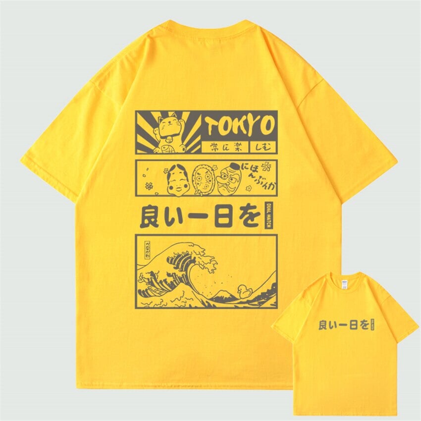 kawaiies-softtoys-plushies-kawaii-plush-Japanese Kanji Wave Masks Lucky Cat Cotton Tee Set 1 | NEW Tops Yellow S 