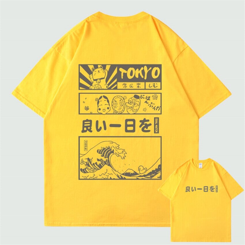 kawaiies-softtoys-plushies-kawaii-plush-Japanese Kanji Wave Masks Lucky Cat Cotton Tee Set 1 | NEW Tops Yellow S 