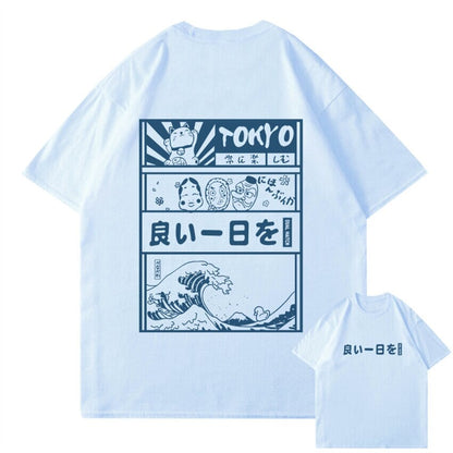 kawaiies-softtoys-plushies-kawaii-plush-Japanese Kanji Wave Masks Lucky Cat Cotton Tee Set 2 | NEW Tops Blue S 