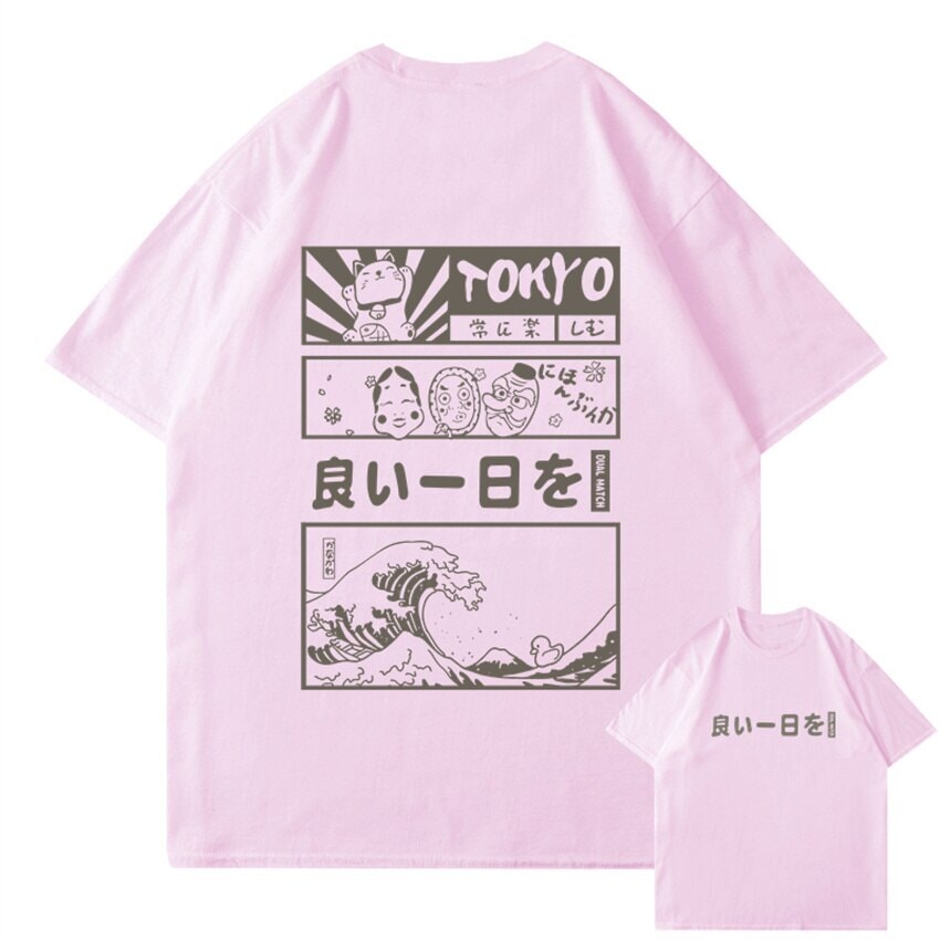 kawaiies-softtoys-plushies-kawaii-plush-Japanese Kanji Wave Masks Lucky Cat Cotton Tee Set 2 | NEW Tops Pink S 