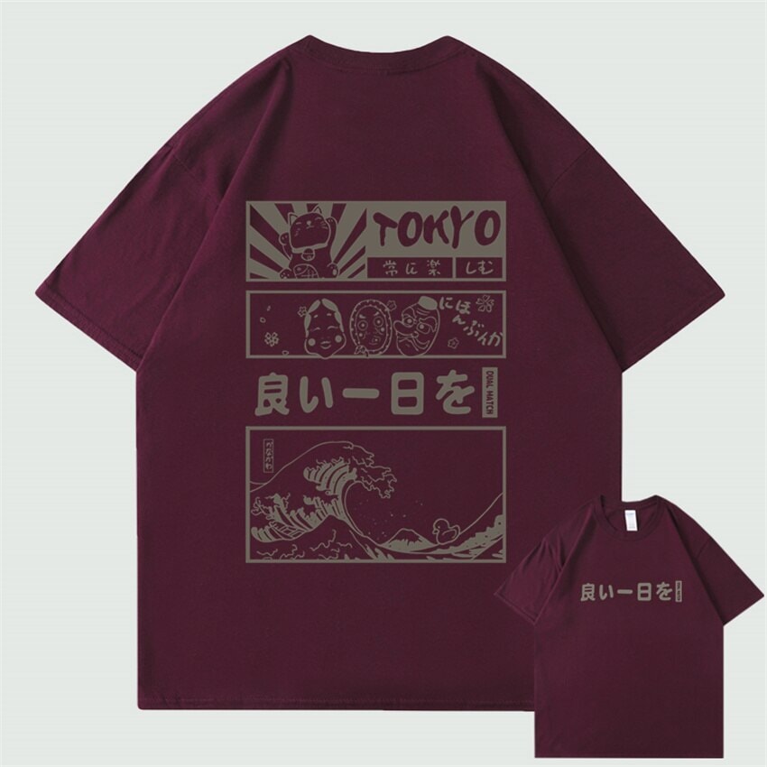 kawaiies-softtoys-plushies-kawaii-plush-Japanese Kanji Wave Masks Lucky Cat Cotton Tee Set 2 | NEW Tops Wine Red S 