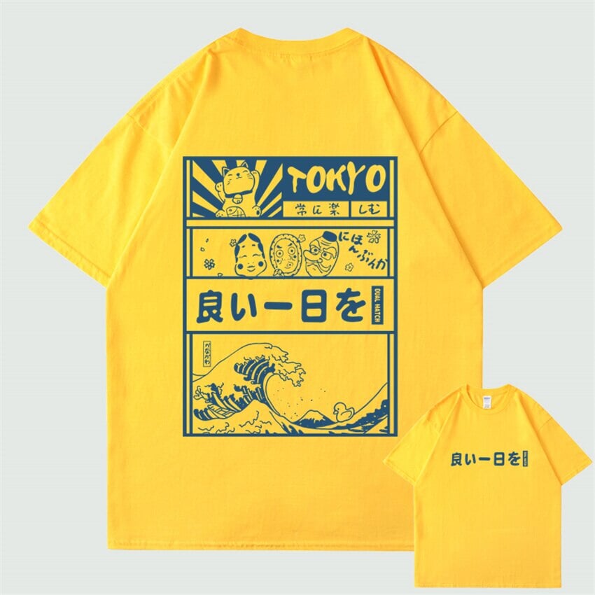 kawaiies-softtoys-plushies-kawaii-plush-Japanese Kanji Wave Masks Lucky Cat Cotton Tee Set 2 | NEW Tops Yellow S 