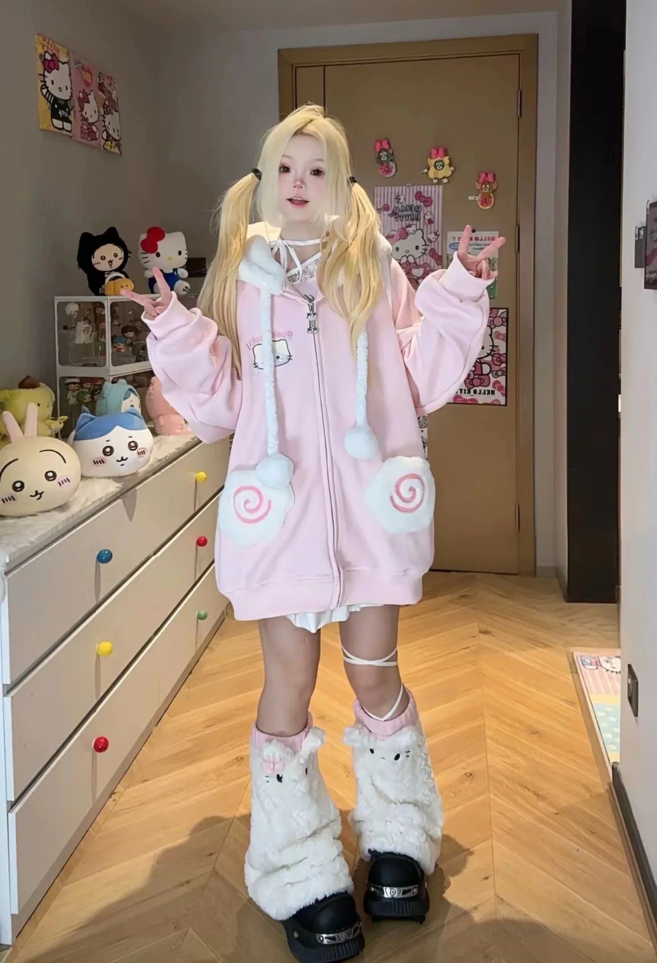 kawaiies-softtoys-plushies-kawaii-plush-Japanese Kawaii Fluffy Pink Yellow Cat Zip-Up Jacket Apparel 