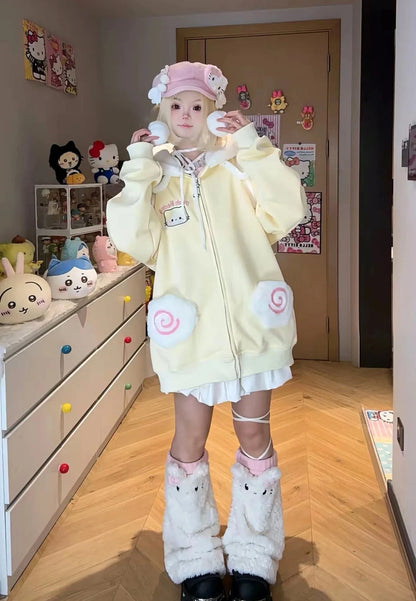 kawaiies-softtoys-plushies-kawaii-plush-Japanese Kawaii Fluffy Pink Yellow Cat Zip-Up Jacket Apparel 