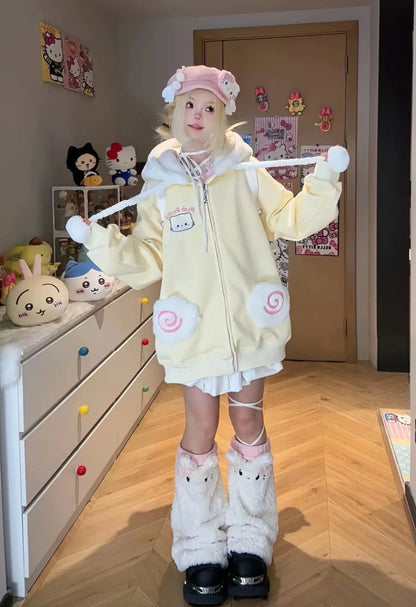 kawaiies-softtoys-plushies-kawaii-plush-Japanese Kawaii Fluffy Pink Yellow Cat Zip-Up Jacket Apparel 