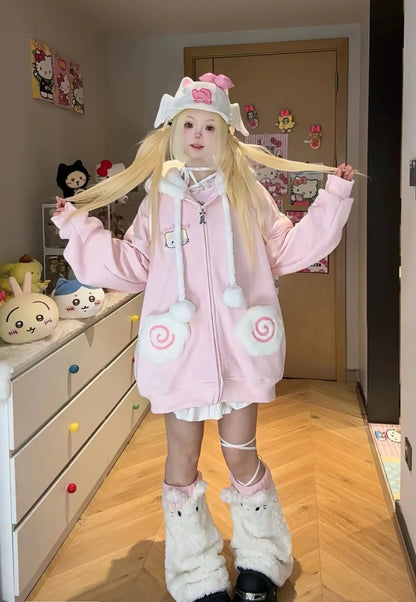 kawaiies-softtoys-plushies-kawaii-plush-Japanese Kawaii Fluffy Pink Yellow Cat Zip-Up Jacket Apparel 