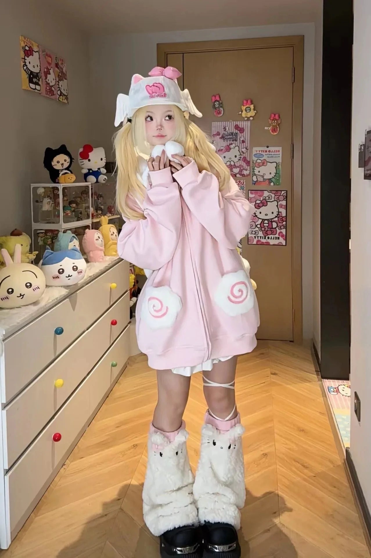 kawaiies-softtoys-plushies-kawaii-plush-Japanese Kawaii Fluffy Pink Yellow Cat Zip-Up Jacket Apparel 