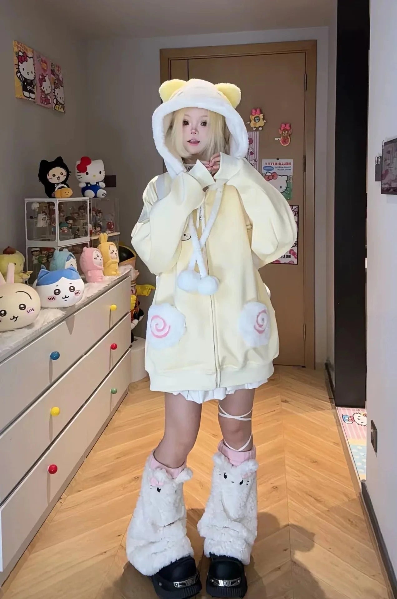 kawaiies-softtoys-plushies-kawaii-plush-Japanese Kawaii Fluffy Pink Yellow Cat Zip-Up Jacket Apparel 