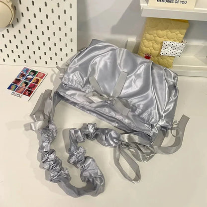 kawaiies-softtoys-plushies-kawaii-plush-Japanese Satin Handbag with Ruffled Shoulder Straps Bags Silver 