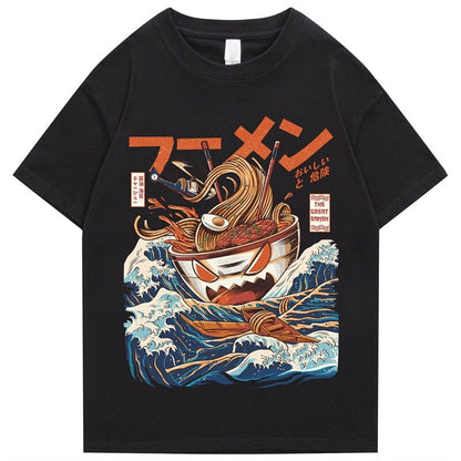 kawaiies-softtoys-plushies-kawaii-plush-Japanese-theme Flaming Hot Noodles Great Waves Unisex Tee Apparel Black S 