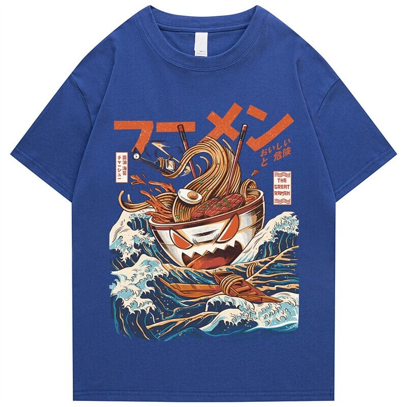 kawaiies-softtoys-plushies-kawaii-plush-Japanese-theme Flaming Hot Noodles Great Waves Unisex Tee Apparel Blue S 