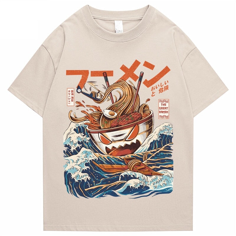 kawaiies-softtoys-plushies-kawaii-plush-Japanese-theme Flaming Hot Noodles Great Waves Unisex Tee Apparel Cream S 