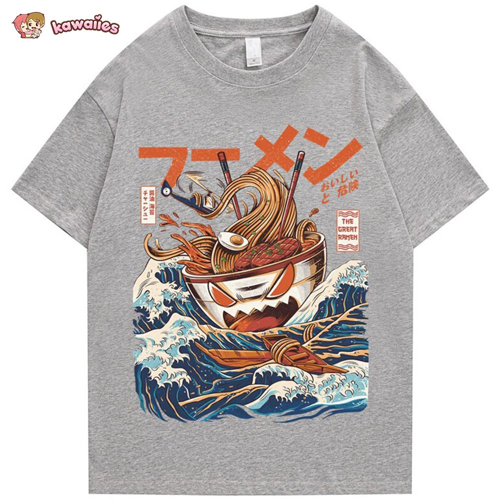 kawaiies-softtoys-plushies-kawaii-plush-Japanese-theme Flaming Hot Noodles Great Waves Unisex Tee Apparel Gray S 