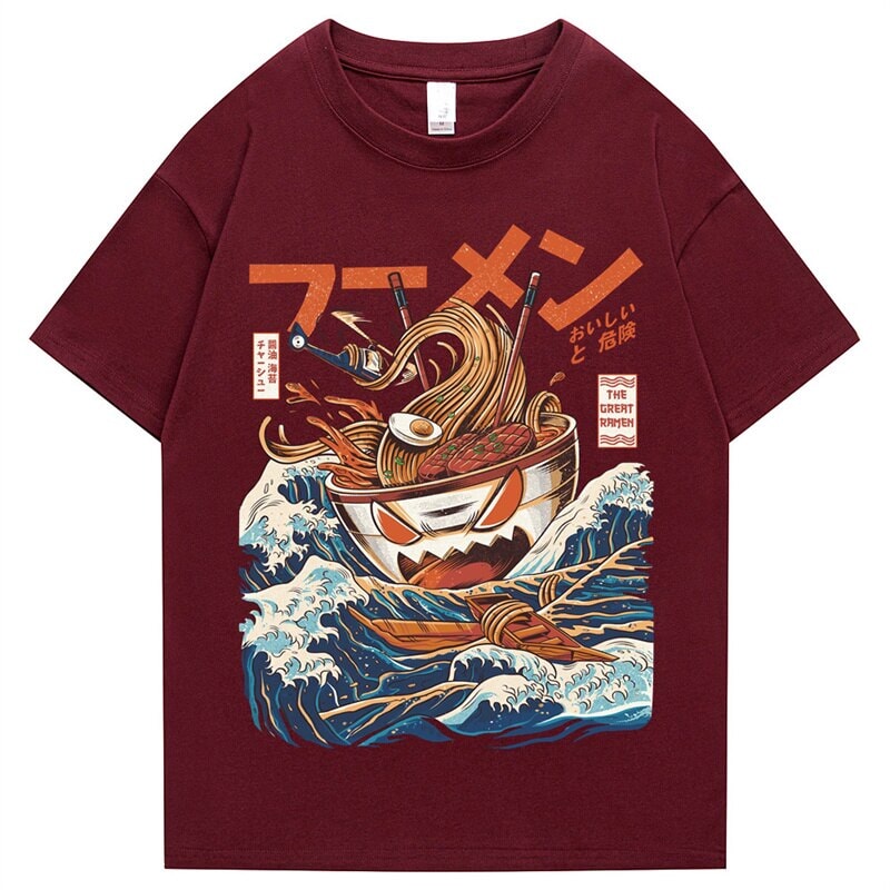 kawaiies-softtoys-plushies-kawaii-plush-Japanese-theme Flaming Hot Noodles Great Waves Unisex Tee Apparel Rouge S 