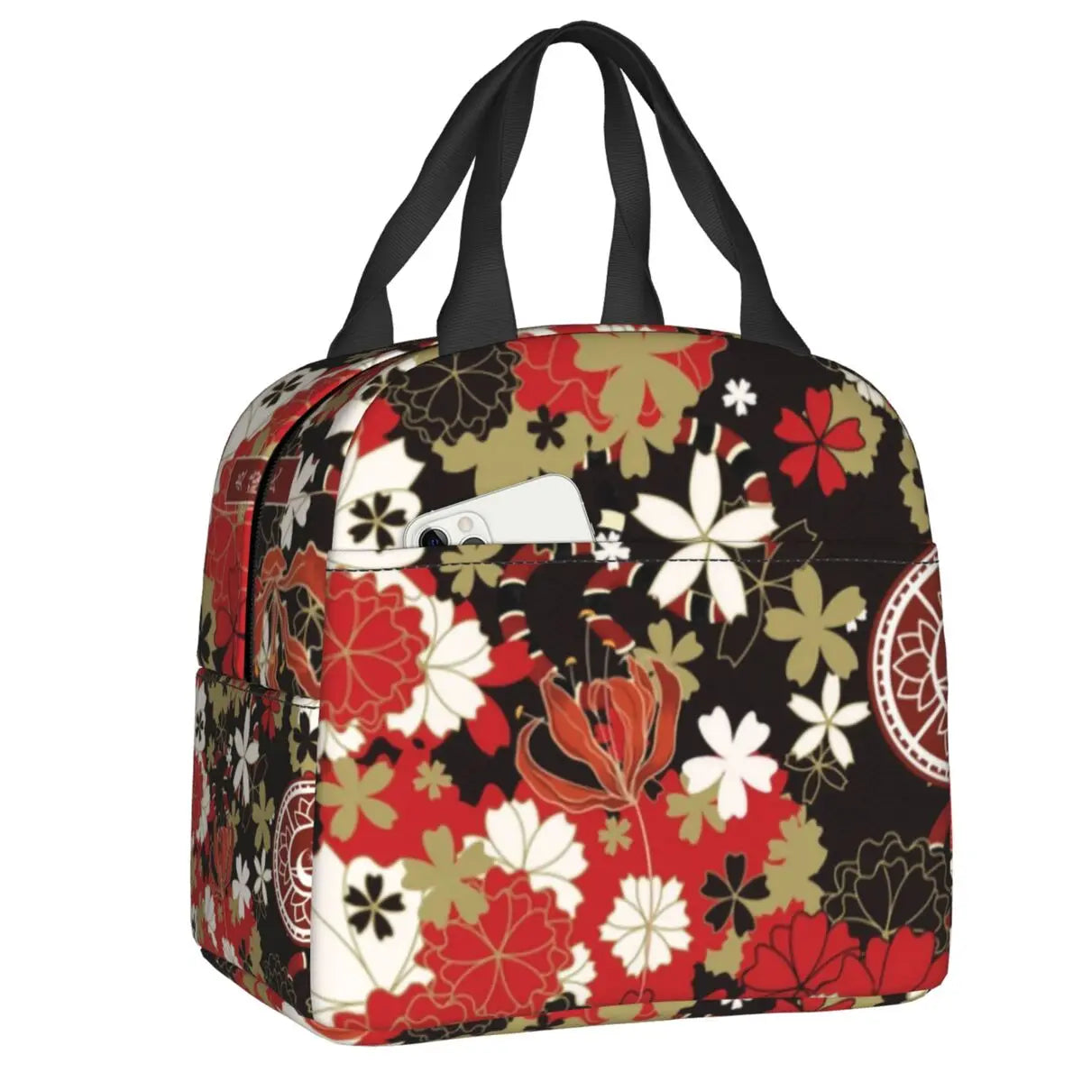 kawaiies-softtoys-plushies-kawaii-plush-Japanese-theme Floral Insulated Lunch Bag Collection Bag Black/Red 