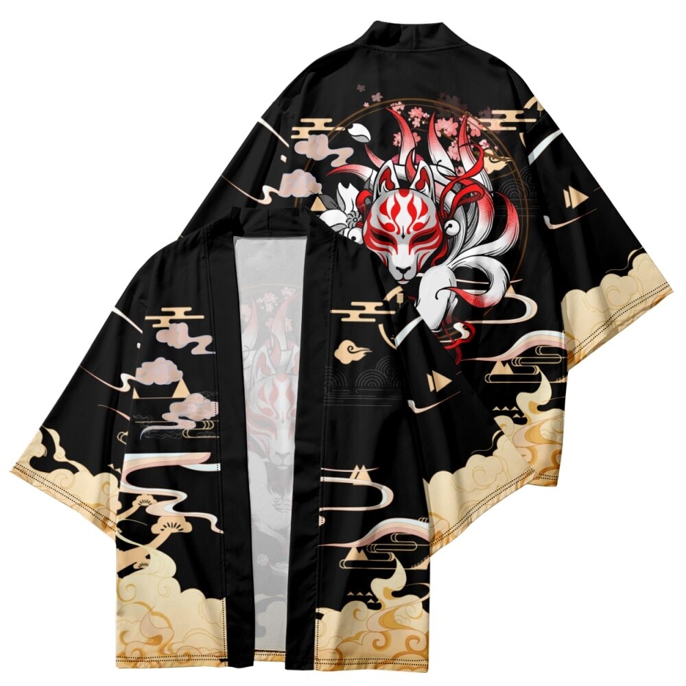 kawaiies-softtoys-plushies-kawaii-plush-Japanese-themed Black Gold Nine-Tailed Fox Unisex Kimono Kimono 