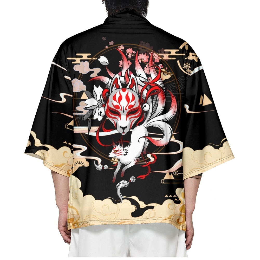 kawaiies-softtoys-plushies-kawaii-plush-Japanese-themed Black Gold Nine-Tailed Fox Unisex Kimono Kimono 