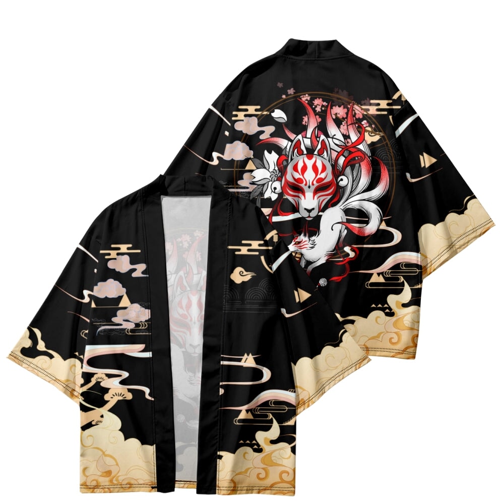 kawaiies-softtoys-plushies-kawaii-plush-Japanese-themed Black Gold Nine Tailed Fox Unisex Kimono Kimono 