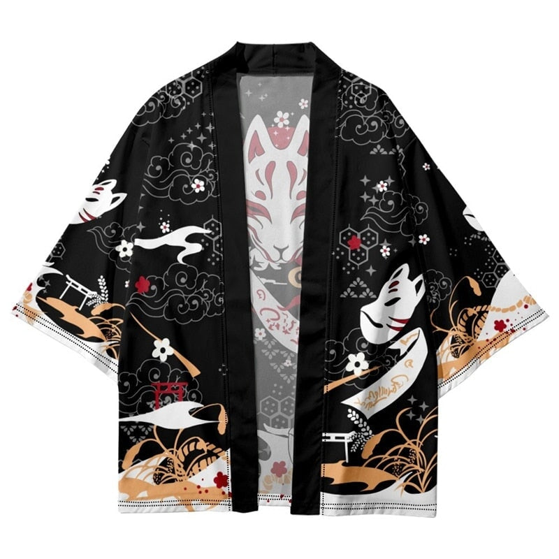 kawaiies-softtoys-plushies-kawaii-plush-Japanese-themed Black Gold Nine Tailed Fox Unisex Kimono Kimono 