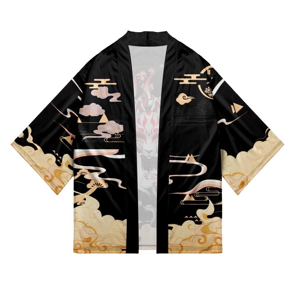 kawaiies-softtoys-plushies-kawaii-plush-Japanese-themed Black Gold Nine Tailed Fox Unisex Kimono Kimono 