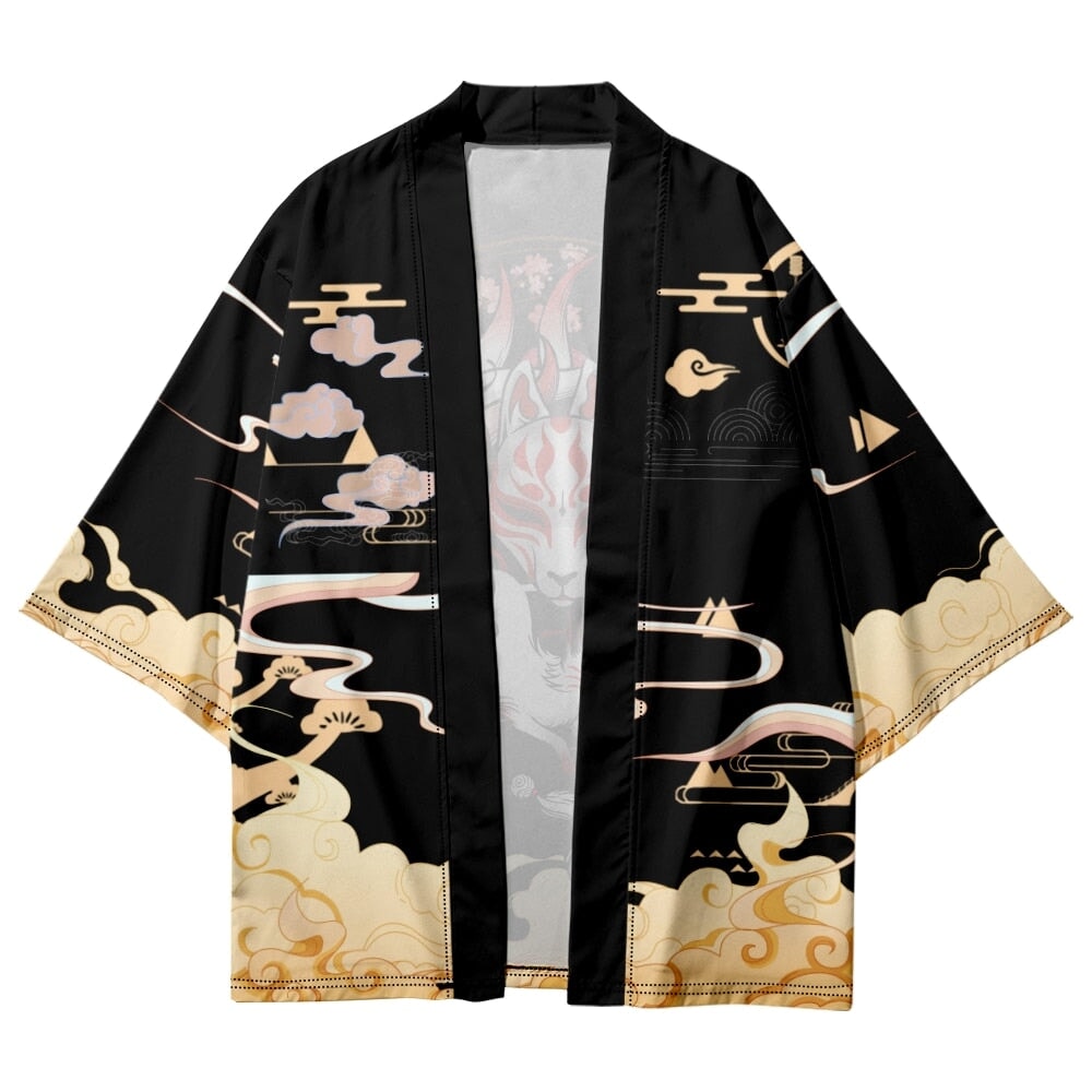 kawaiies-softtoys-plushies-kawaii-plush-Japanese-themed Black Gold Nine-Tailed Fox Unisex Kimono Kimono 