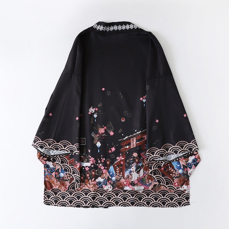 kawaiies-softtoys-plushies-kawaii-plush-Japanese-themed Black Green Shrines Sakura Unisex Kimono Kimono 