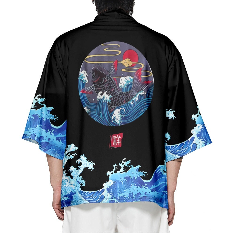 kawaiies-softtoys-plushies-kawaii-plush-Japanese-themed Black Koi Waves Unisex Kimono Kimono 