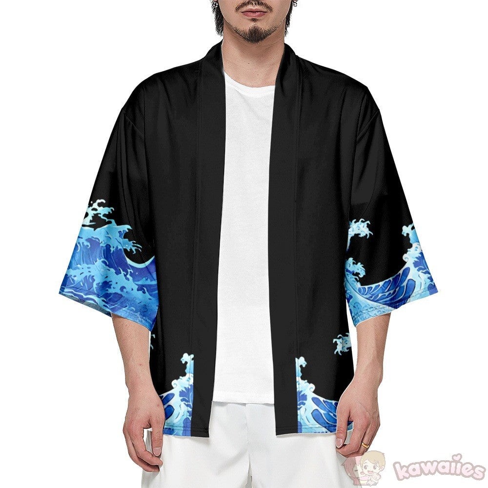 kawaiies-softtoys-plushies-kawaii-plush-Japanese-themed Black Koi Waves Unisex Kimono Kimono 