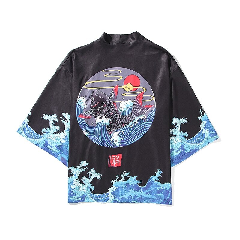 kawaiies-softtoys-plushies-kawaii-plush-Japanese-themed Black Koi Waves Unisex Kimono Kimono M 