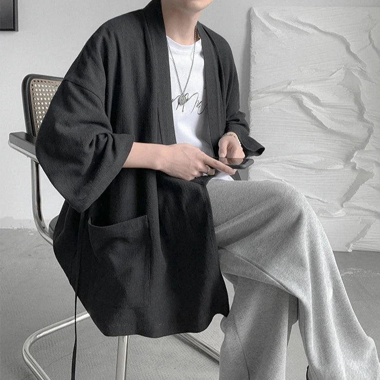 kawaiies-softtoys-plushies-kawaii-plush-Japanese-themed Black Midnight Purple Minimalist Men’s Kimono Jacket Kimono Black M 