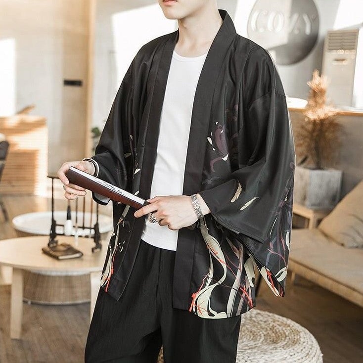 kawaiies-softtoys-plushies-kawaii-plush-Japanese-themed Black Red Crows Unisex Kimono Kimono 