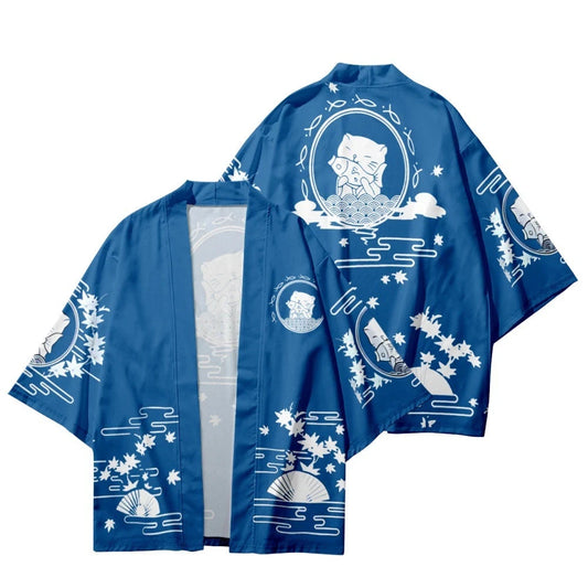 kawaiies-softtoys-plushies-kawaii-plush-Japanese-themed Blue Black Cat Fish Unisex Kimono Top Kimono Blue S 