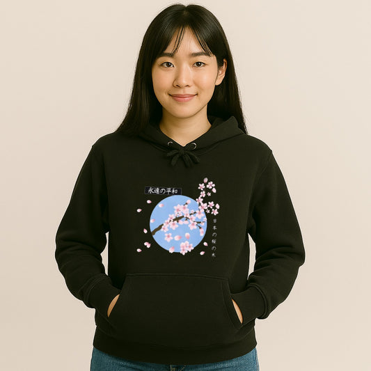 kawaiies-softtoys-plushies-kawaii-plush-Japanese-themed Cherry Blossom Blue Sky Unisex Hoodie Apparel Black XS 