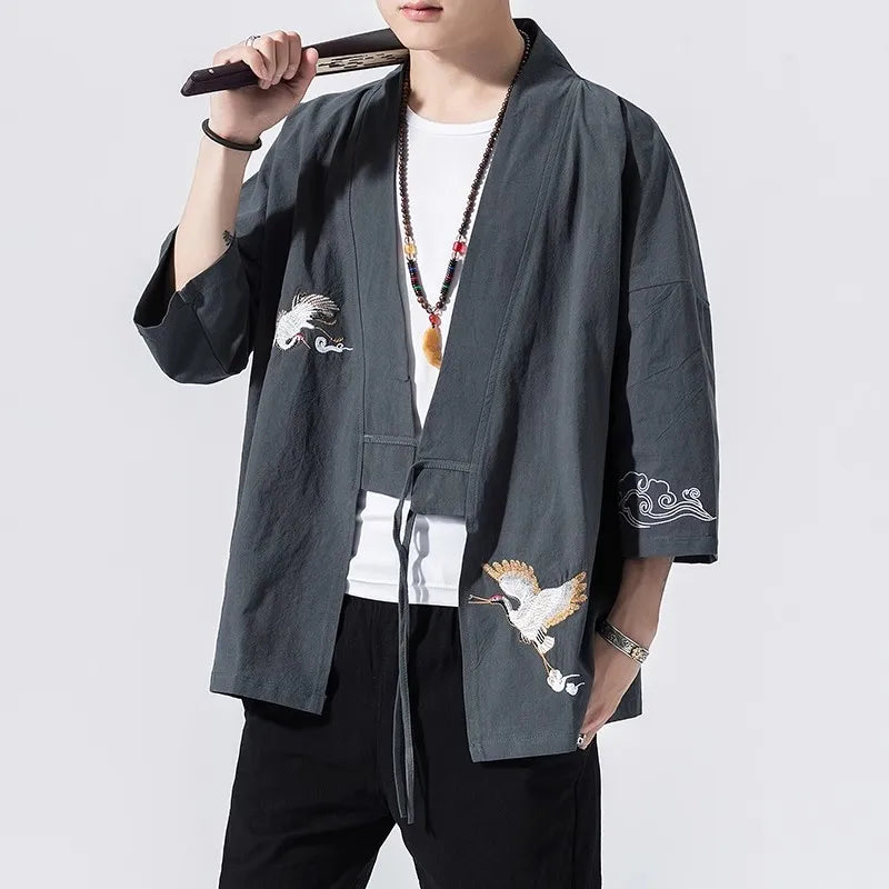 Japanese themed Crane Cloud Minimal Men s Yukata Kimono Jacket Kawaiies