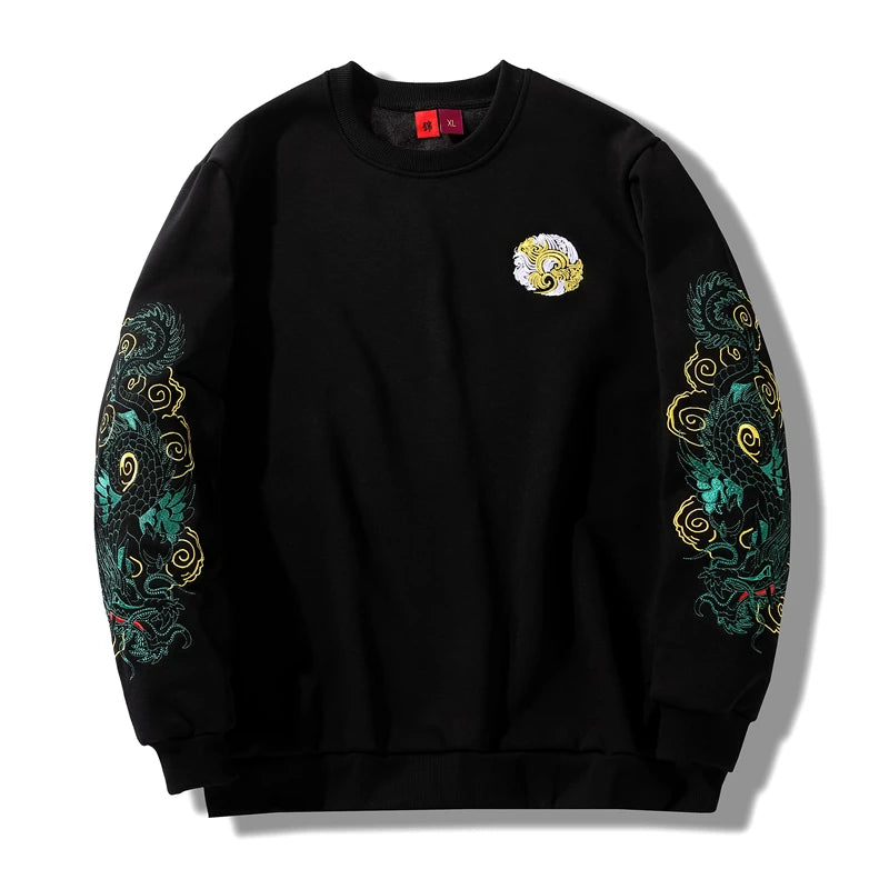 Japanese themed Emerald Dragon Embroidery Unisex Black Sweatshirt Kawaiies