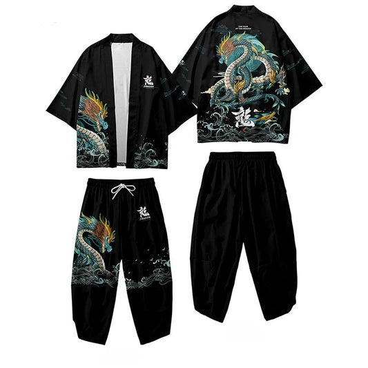 kawaiies-softtoys-plushies-kawaii-plush-Japanese-themed Emerald Dragon Two-Piece Kimono Yukata Top & Pants Sets Kimono Black M 