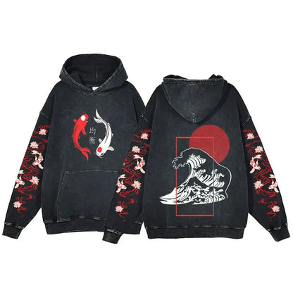 kawaiies-softtoys-plushies-kawaii-plush-Japanese-themed Great Wave off Kanagawa Unisex Vintage Washed Hoodies Apparel Black/White M 