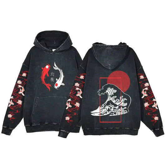 kawaiies-softtoys-plushies-kawaii-plush-Japanese-themed Great Wave off Kanagawa Unisex Vintage Washed Hoodies Apparel Black/White M 