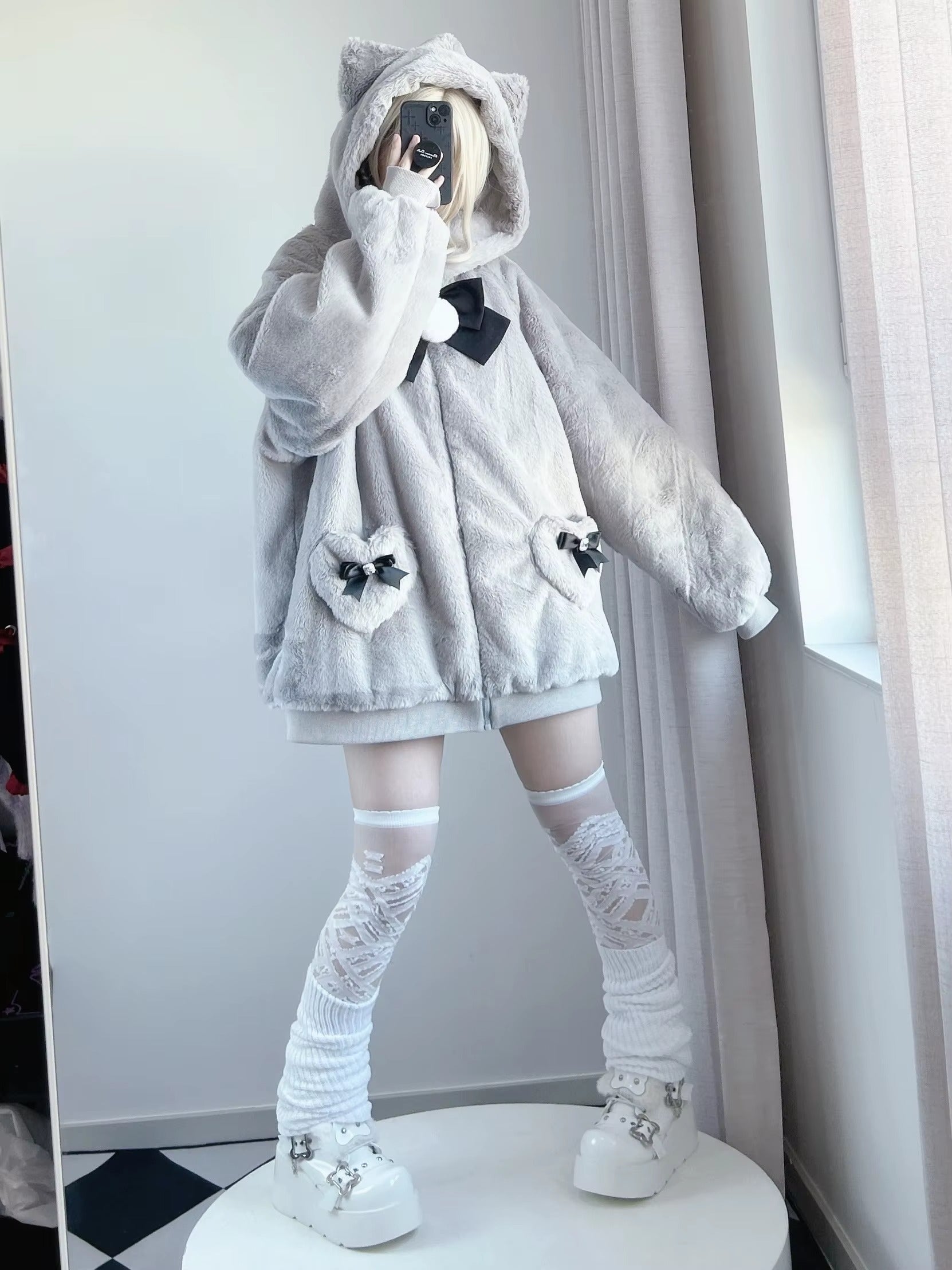 kawaiies-softtoys-plushies-kawaii-plush-Japanese-themed Kawaii Cat Ears Bow Fluffy Jacket Coat Apparel 