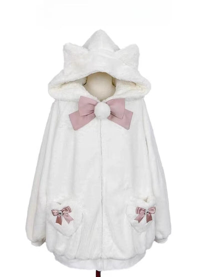 kawaiies-softtoys-plushies-kawaii-plush-Japanese-themed Kawaii Cat Ears Bow Fluffy Jacket Coat Apparel White (Pink Bow) M (10) 