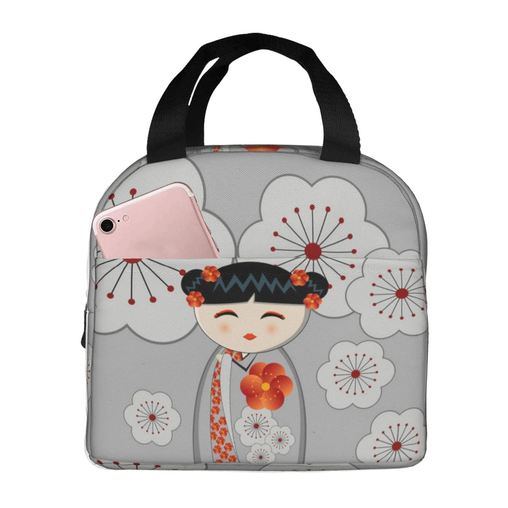kawaiies-softtoys-plushies-kawaii-plush-Japanese-themed Keiko Kokeshi Doll Insulated Lunch Bag Collection Bag Gray 