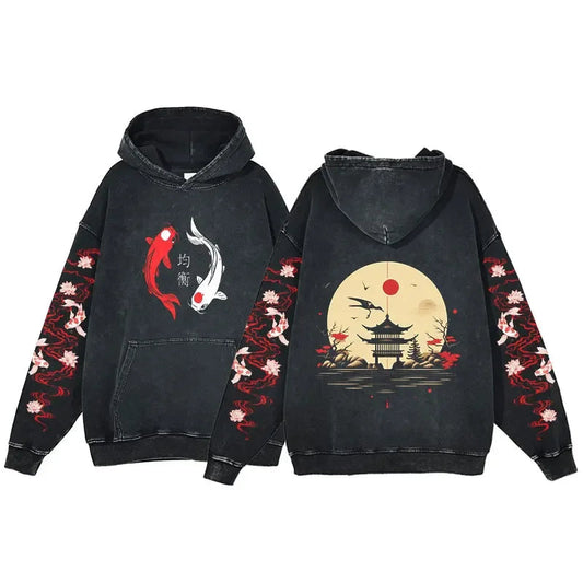 kawaiies-softtoys-plushies-kawaii-plush-Japanese-themed Koi Pagoda Sunrise Vintage Unisex Hoodie Apparel Lake S 