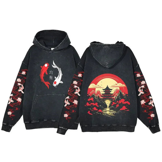 kawaiies-softtoys-plushies-kawaii-plush-Japanese-themed Koi Pagoda Sunrise Vintage Unisex Hoodie Apparel Mountains S 